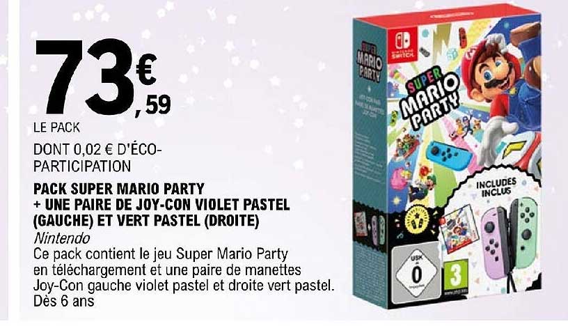 pack super mario party + une paire de joy-con violet pastel (gauche) et vert pastel (droite)
