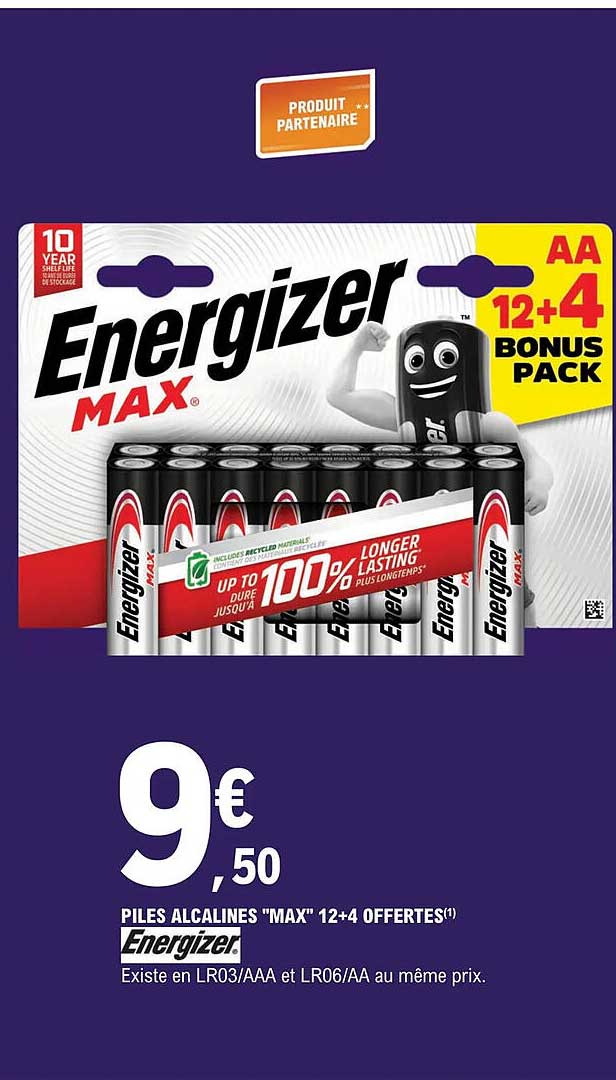 piles alcalines "max" 12-4 offertes energizer
