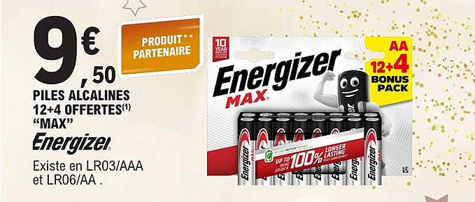 piles alcalines 12+4 offertes "max" energizer