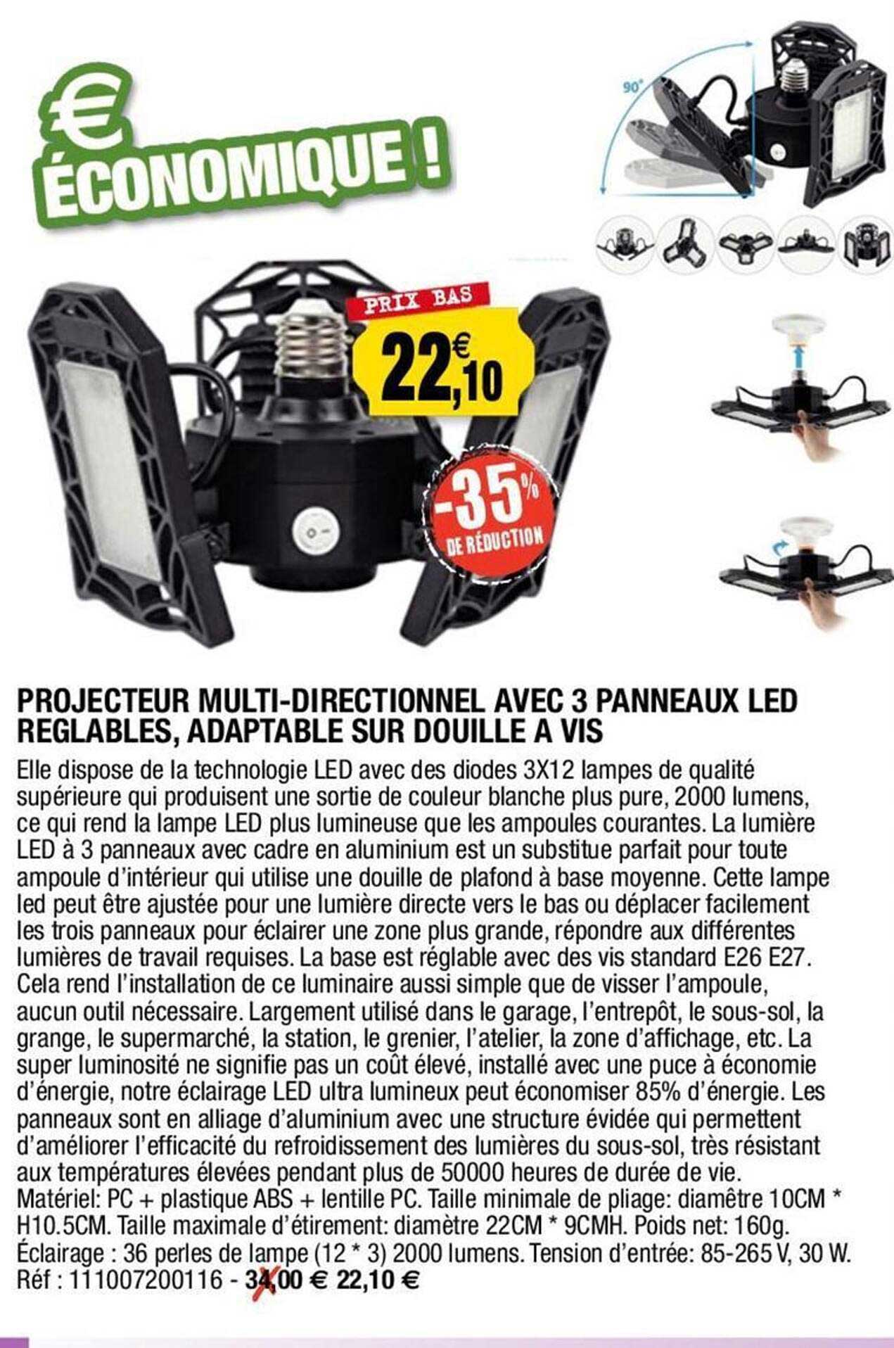 projecteur multi-directionnel avec 3 panneaux led réglables, adaptable sur douille à vis