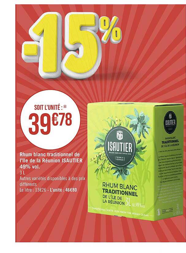 rhum blanc traditionnel de l'île de la réunion isautier 49% vol.
