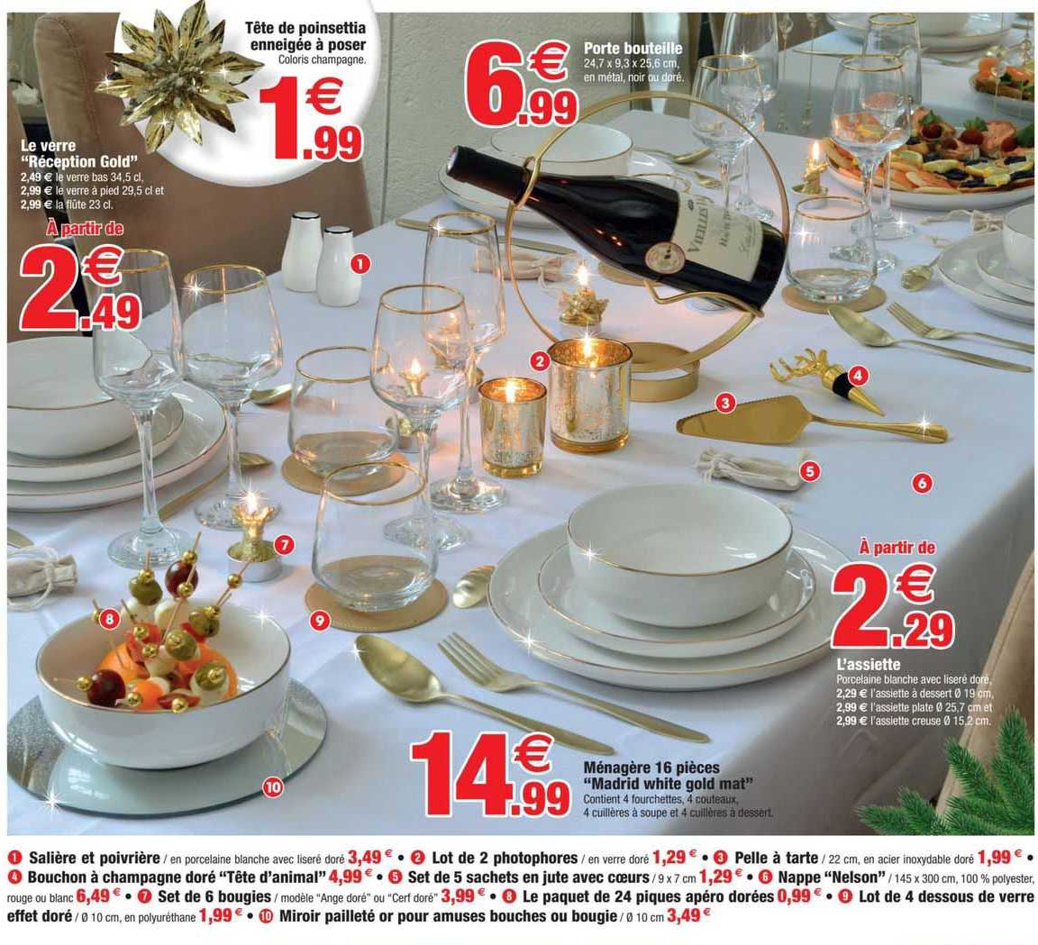 salière et poivrière, lot de 2 photophores, pelle à tarte, bouchon à champagne doré "tête d'animal, set de 5 sachets en jute avec cœurs, nappe "nelson",set de 6 bougies, le paquet de 24 piques apéro