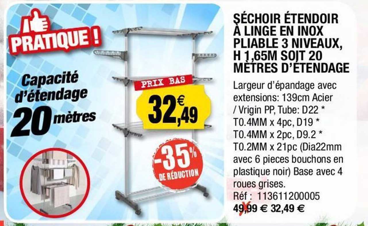 séchoir étendoir à linge en inox pliable 3 niveaux h 1.65m soit 20 mètres d'étendage