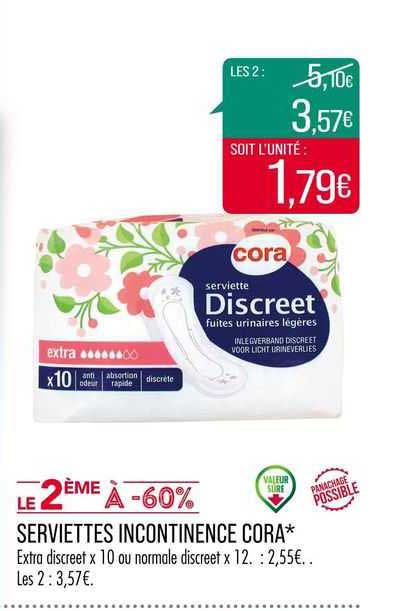 Serviettes Incontinence Cora Le 2ème à -60%