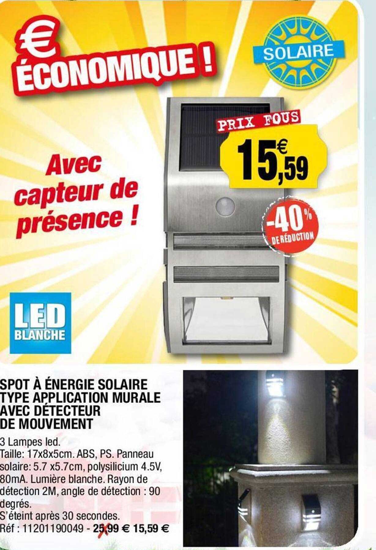 spot à énergie solaire type application murale avec détecteur de mouvement