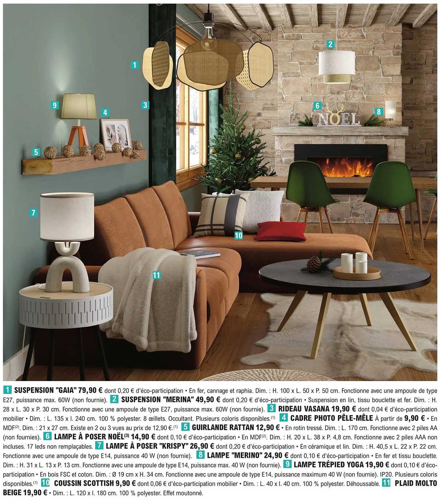 suspension "gaia", suspension "merina", rideau vasana, cadre photo pêle-mêle, guirlande rattan, lampe à poser noël, lampe à poser "krispy", lampe "merino", lampe trépied yoga, coussin scottish, plaid