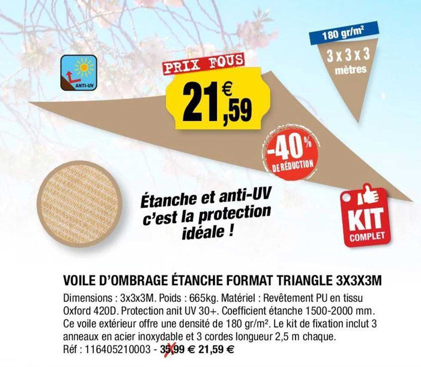 voile d'ombrage étanche format triangle 3 x 3 x 3 m