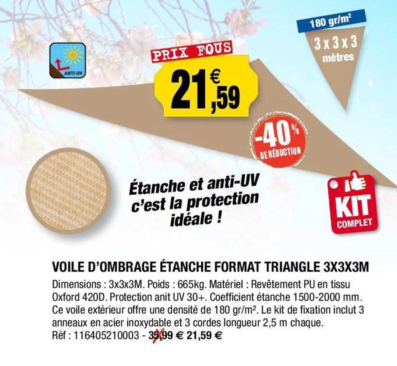 voile d'ombrage étanche format triangle 3 x 3 x 3 m