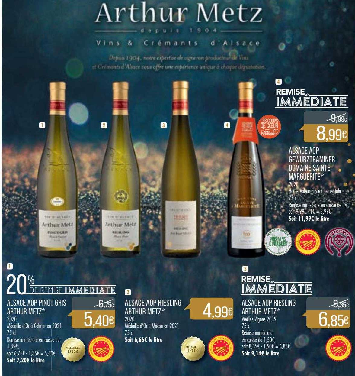 alsace aop pinot gris arthur metz, alsace aop riesling arthur metz, alsace aop gewurztraminer domaine sainte marguerite