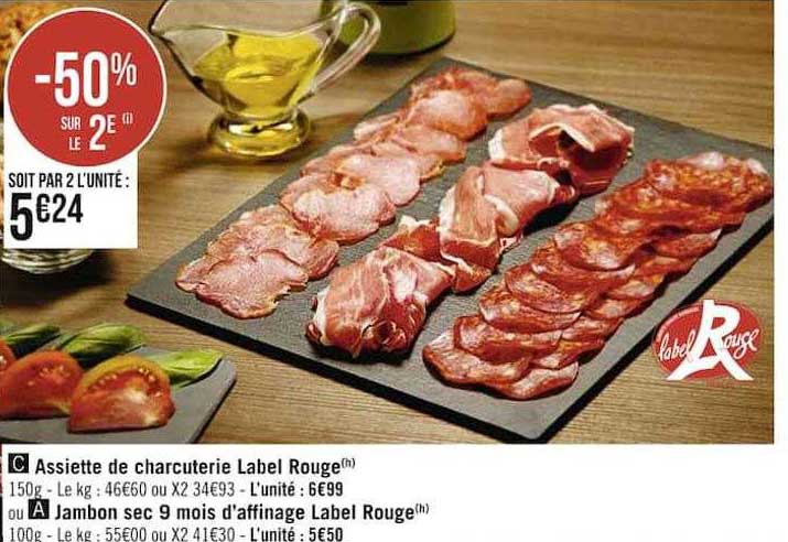 assiette de charcuterie label rouge, jambon sec 9 mois d'affinage label rouge