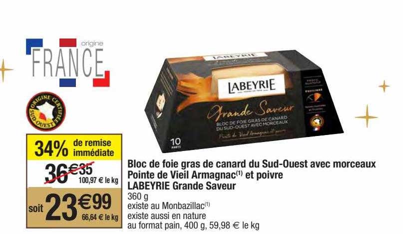 bloc de foie gras de canard du sud-ouest avec morceaux pointe de vieil armagnac et poivre labeyrie grande saveur