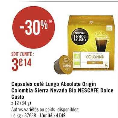 capsules café lungo absolute origin colombia sierra nevada bio nescafé dolce gusto