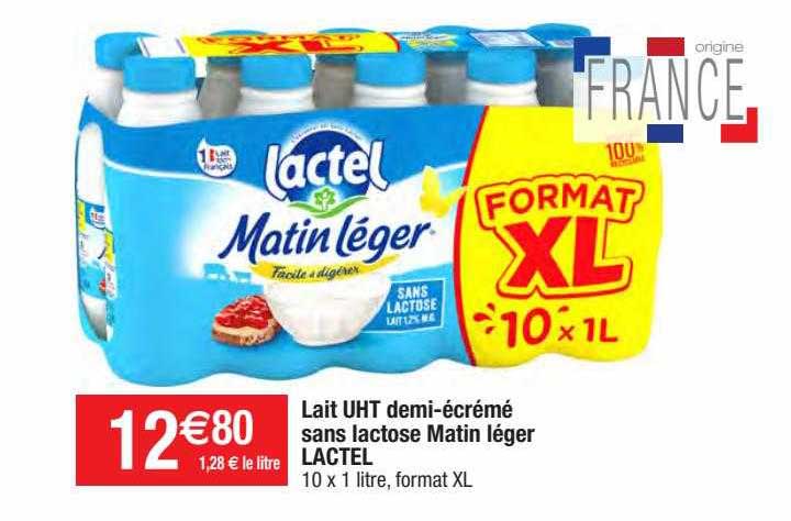 lait uht demi-écrémé sans lactose matin léger lactel