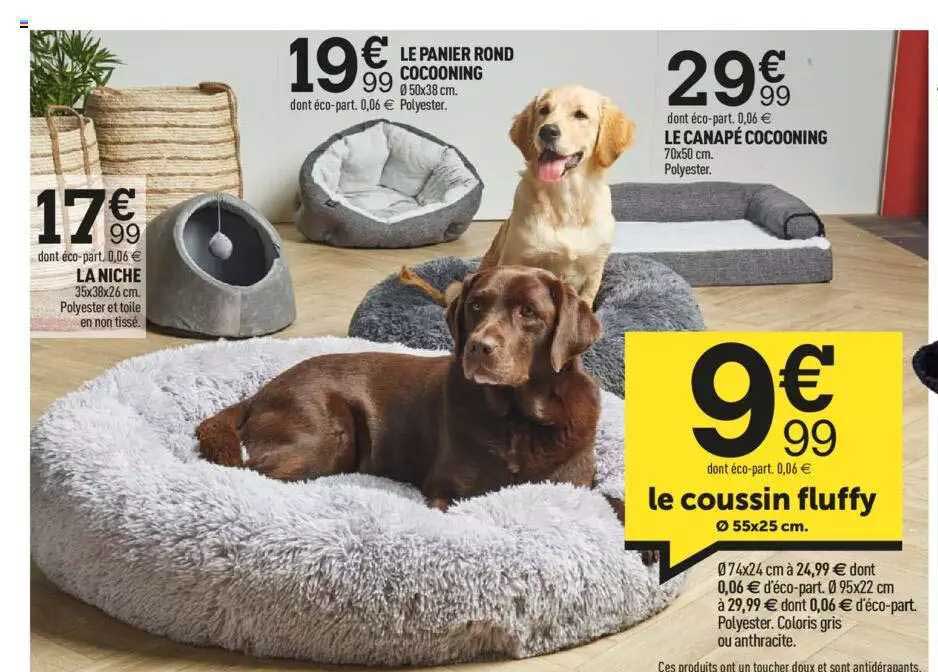 le panier rond cocooning, la niche, le canapé cocooning, le coussin fluffy