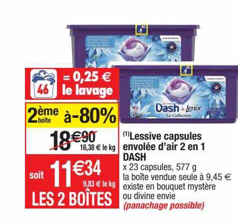 lessive capsules envolée d'air 2 en 1 dash
