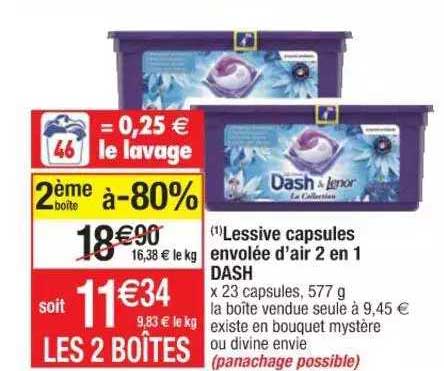 lessive capsules envolée d'air 2 en 1 dash