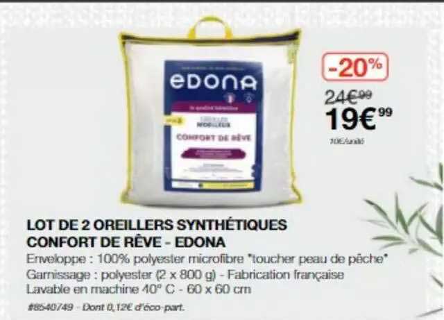 lot de 2 oreillers synthétiques confort de rêve - edona