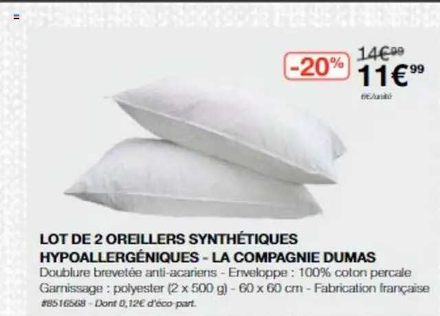 lot de 2 oreillers synthétiques hypoallergéniques - la compagnie dumas