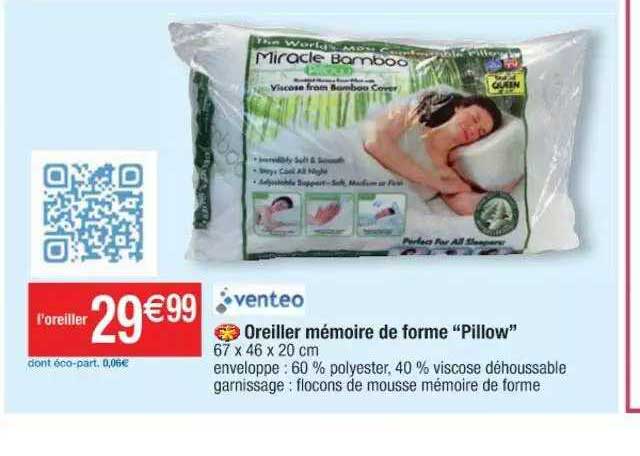 oreiller mémoire de forme "pillow" venteo