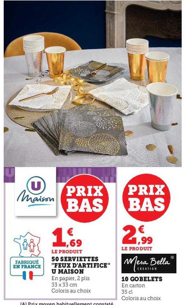 50 serviettes "feux d'artifice" u maison ou 10 gobelets