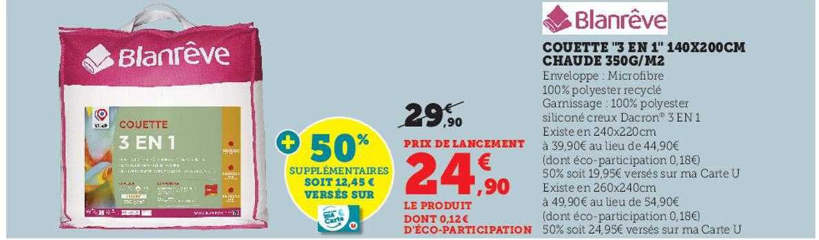 couette "3 en 1" 140 x 200 cm chaude 350 g-m² blan rêve