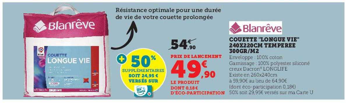 couette "longue vie" 240 x 220 cm tempérée 300 g-m² blan rêve