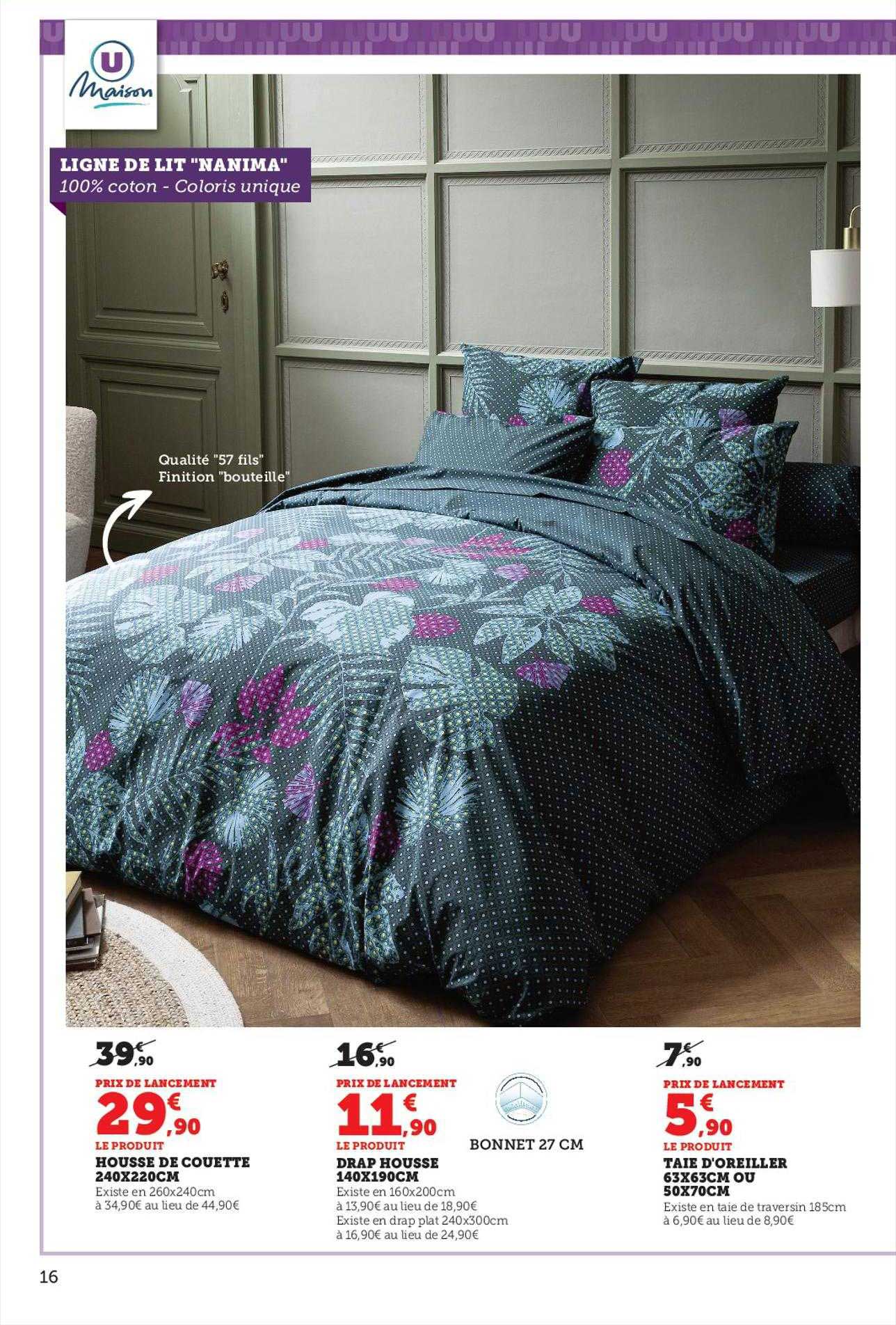 housse de couette 240 x 220 cm u maison, drap housse 140 x 190 cm u maison, taie d'oreiller 63 x 63 cm ou 50 x 70 cm u maison