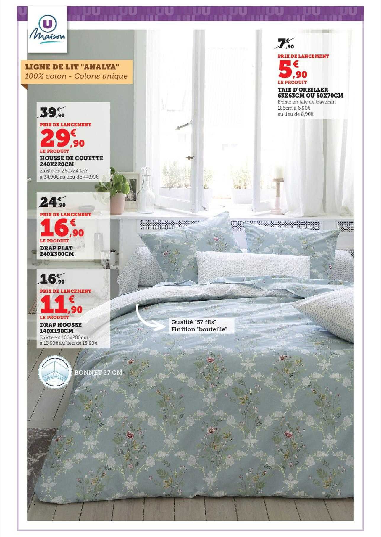 housse de couette 240 x 220 cm u maison, drap plat 240 x 300 cm u maison, drap housse 140 x 190 cm u maison, taie d'oreiller 63 x 63 cm ou 30 x 50 cm u maison