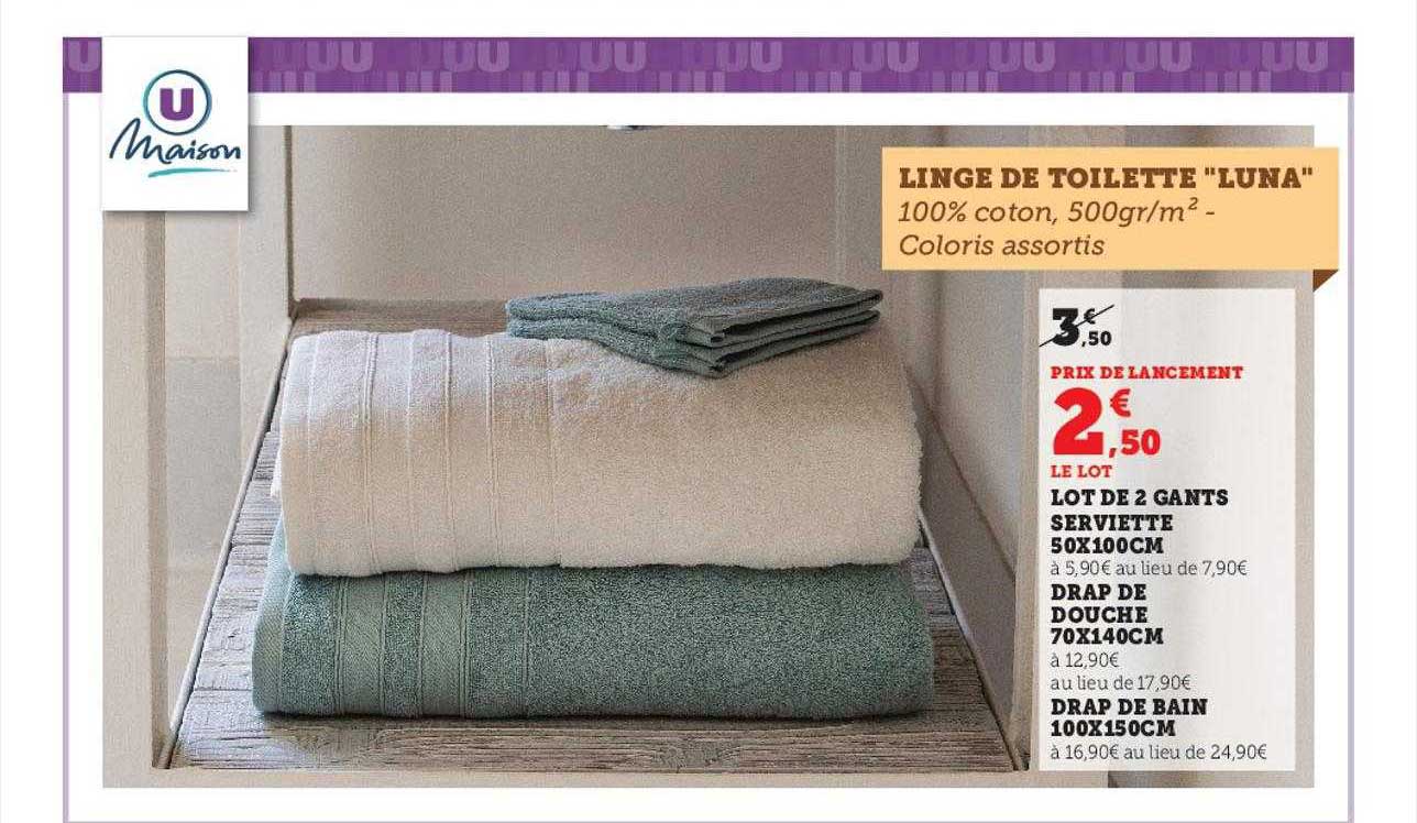 Lot De 2 Gants Serviette 50 X 100 Cm U Maison, Drap De Douche 70 X 140 Cm U Maison, Drap De Bain 100 X 150 Cm U Maison