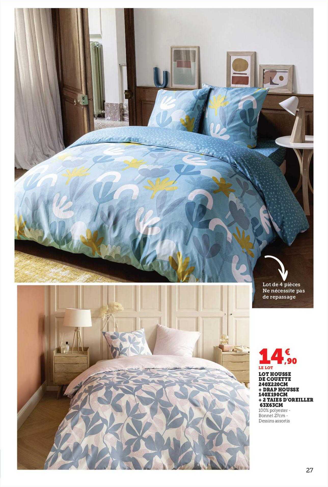 lot housse de couette 240 x 220 cm + drap housse 140 x 190 cm + 2 taies d'oreiller 63 x 63 cm