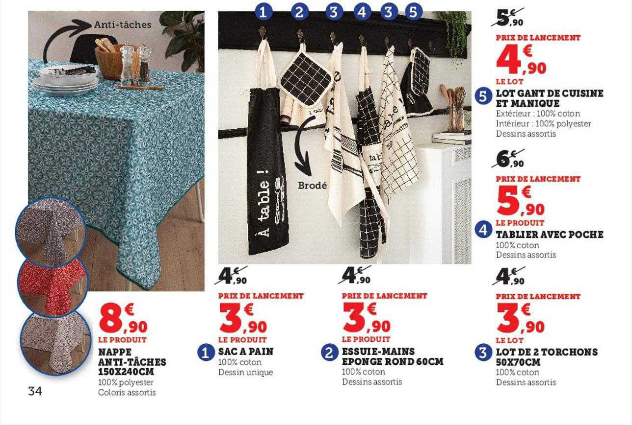 nappe anti-tâches 150 x 240 cm, sac à pain, essuie-mains éponge rond 60 cm, lot de 2 torchons 50 x 70 mc, tablier avec poche, lot gant de cuisine et manique