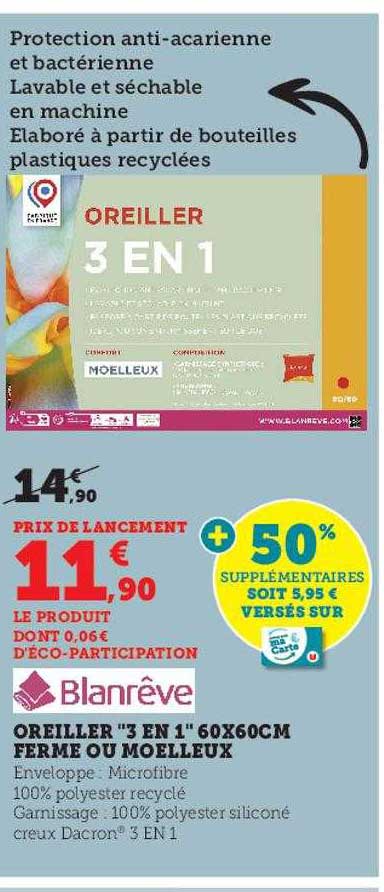 oreiller "3 en 1" 60 x 60 cm ferme ou moelleux blan rêve