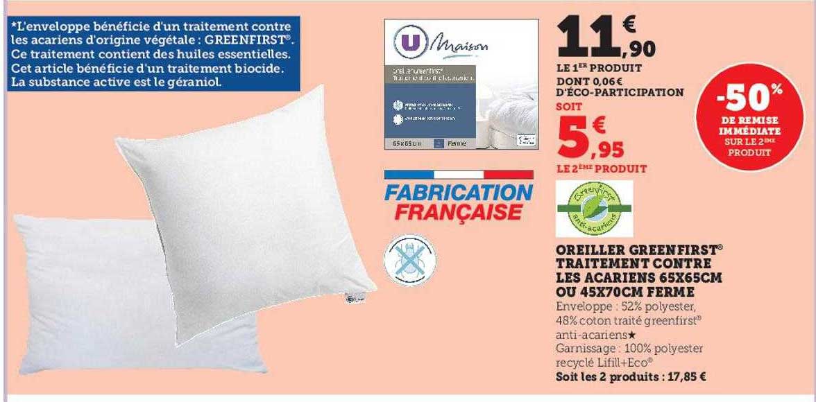 oreiller greenfirst traitement contre les acariens 65 x 65 cm ou 45 x 70 cm ferme u maison