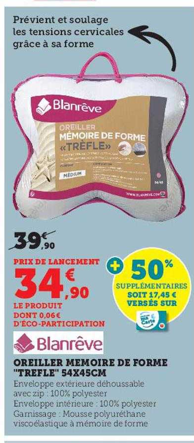 oreiller mémoire de forme "trèfle" 54 x 45 cm blan rêve