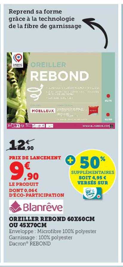 oreiller rebond 60 x 60 cm ou 45 x 70 cm blan rêve