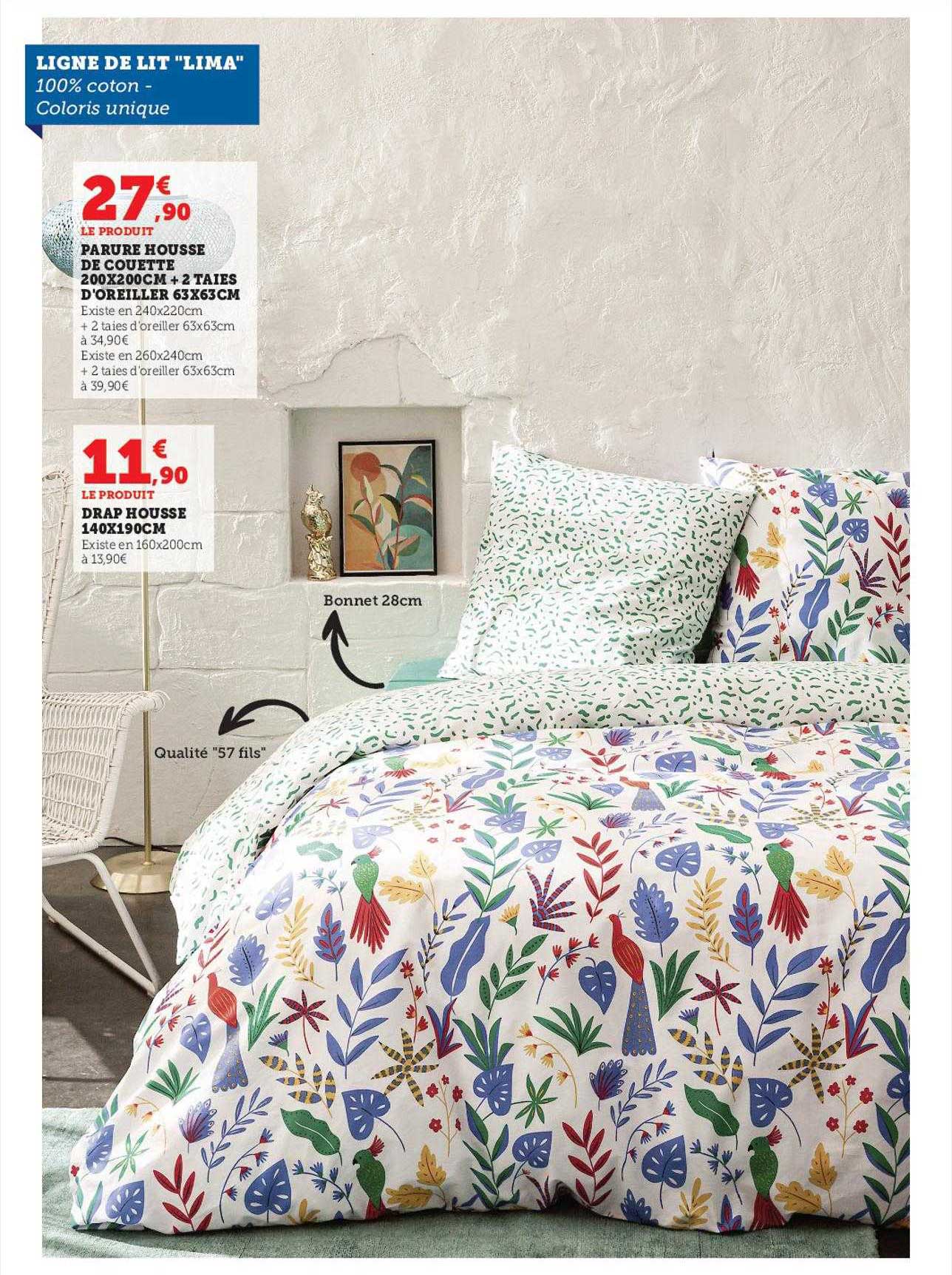 parure housse de couette 200 x 200 cm + 2 taies d'oreiller 63 x 63 cm, drap housse 140 x 190 cm