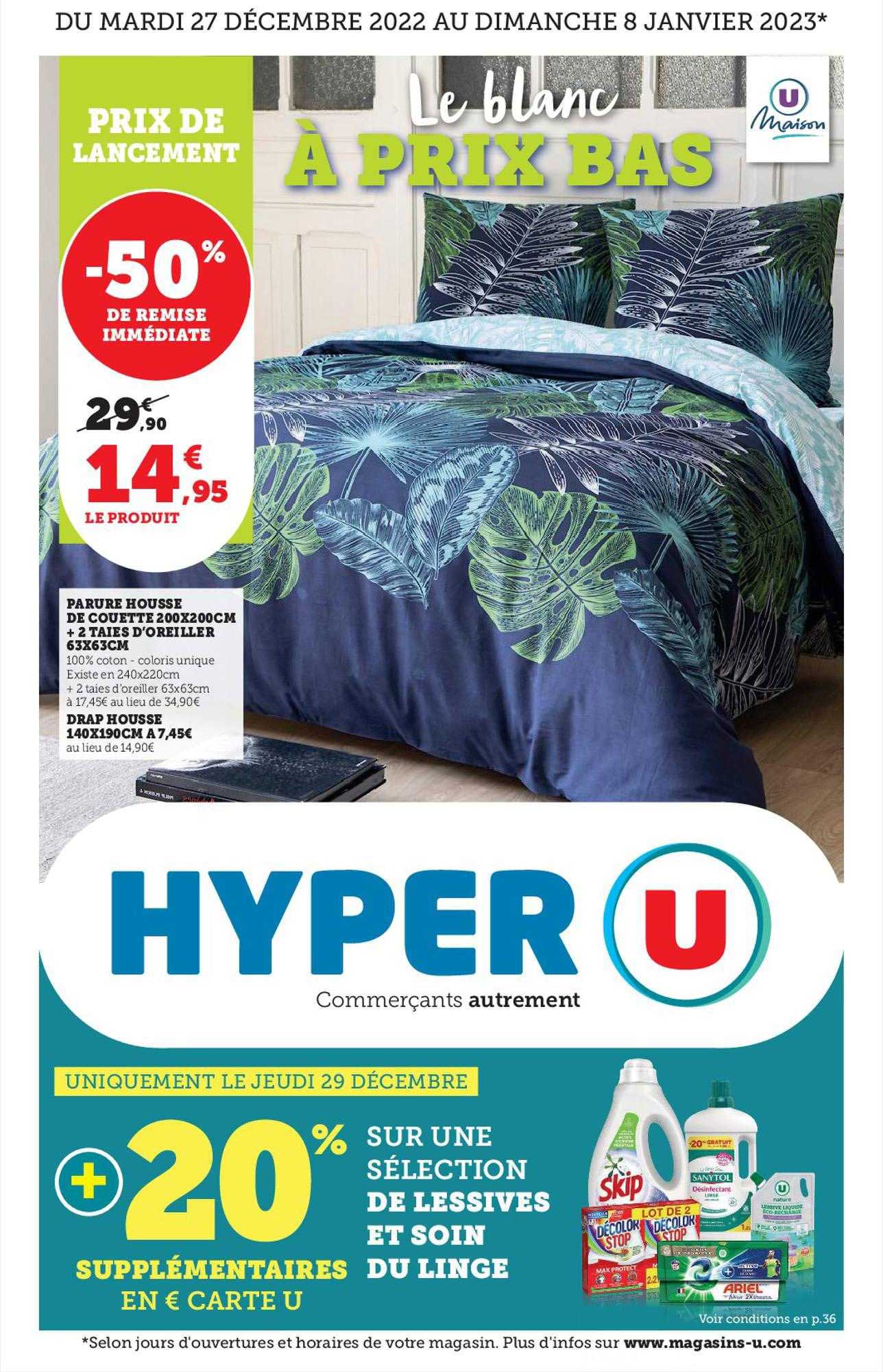 parure housse de couette 200 x 200 cm + 2 taies d'oreiller 63 x 63 cm u maison, drap housse 140 x 190 cm u maison, lessives et soin du linge u