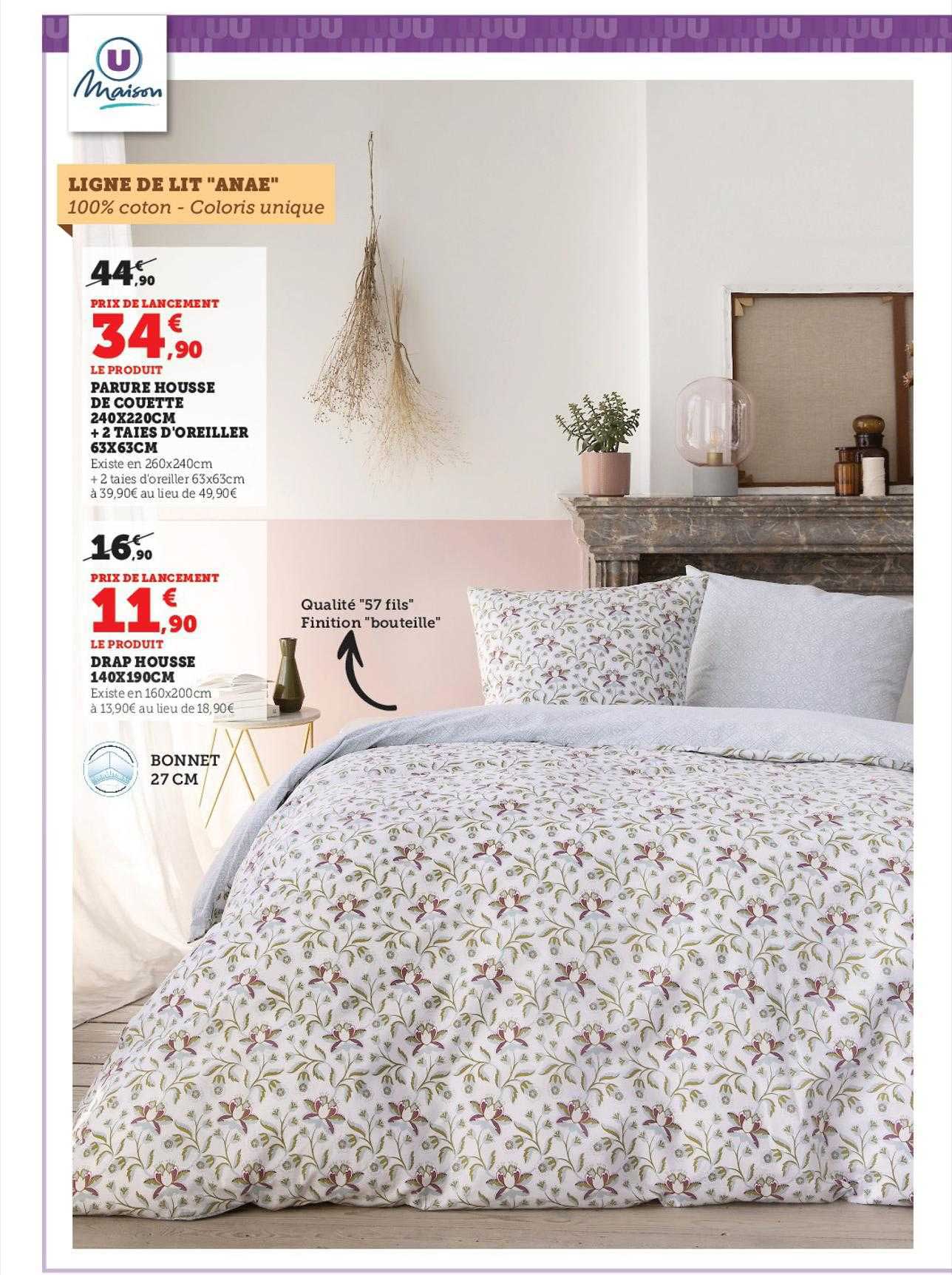 parure housse de couette 240 x 220 cm + 2 taies d'oreiller 63 x 63 cm, drap housse 140 x 190 cm u maison