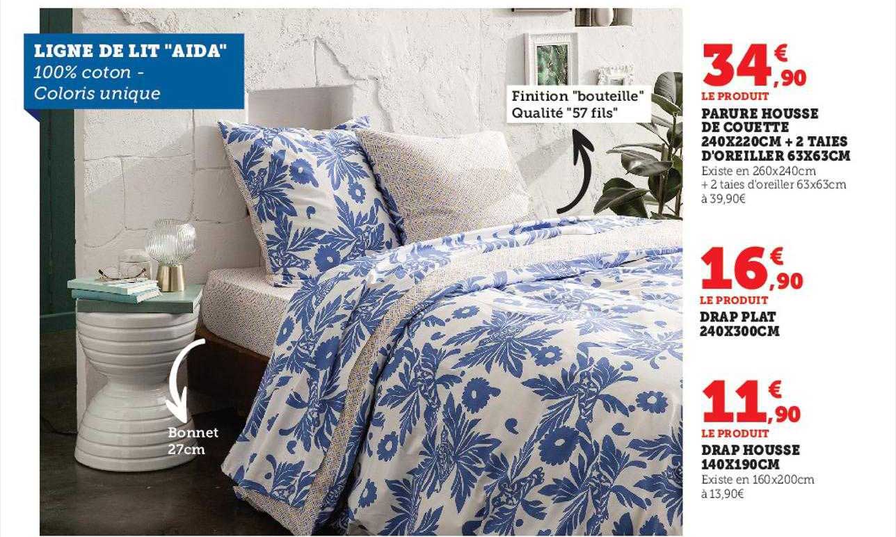 parure housse de couette 240 x 220 cm + 2 taies d'oreiller 63 x 63 cm, drap plat 240 x 300 cm, drap housse 140 x 190 cm