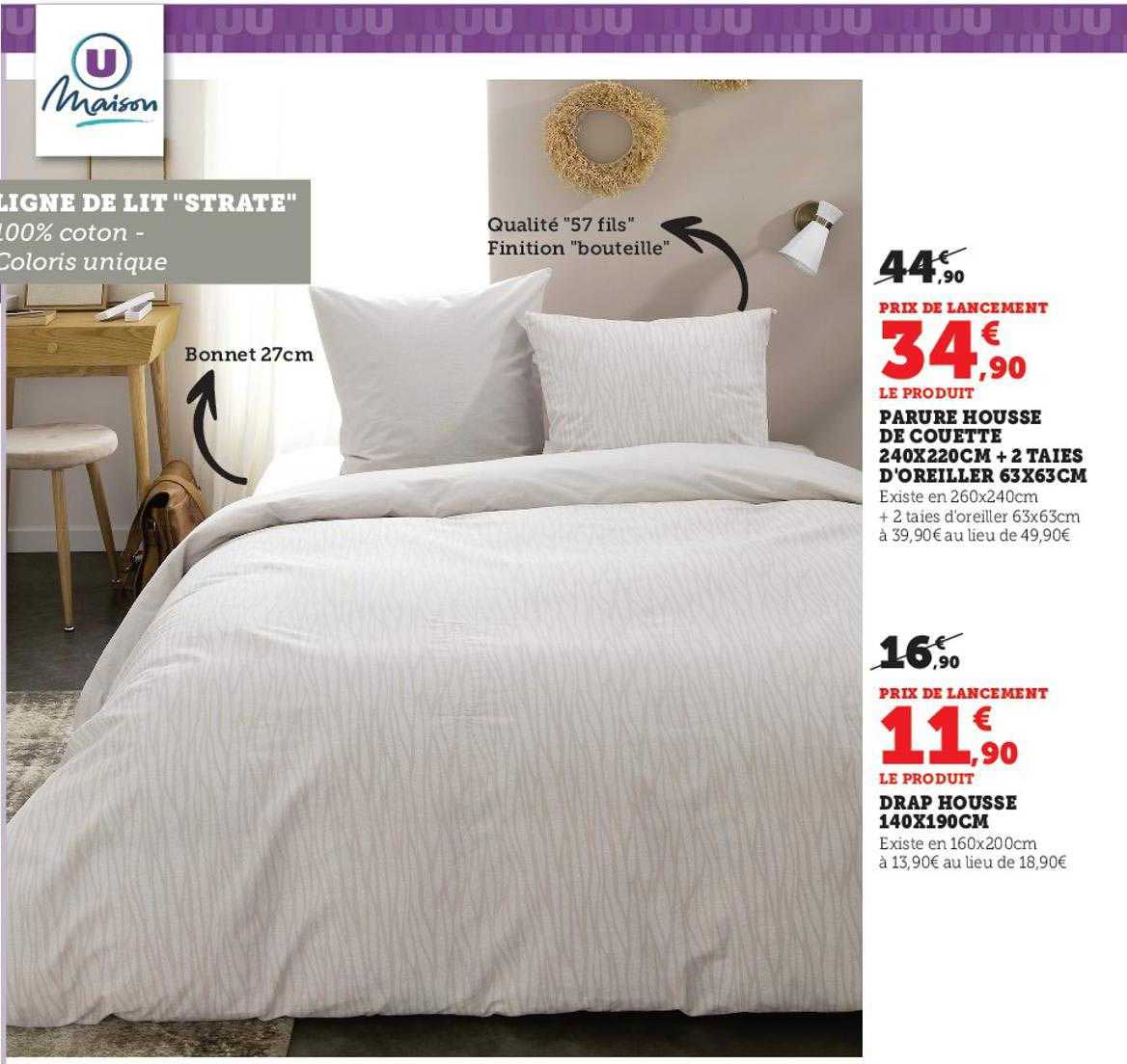 parure housse de couette 240 x 220 cm + 2 taies d'oreiller 63 x 63 cm u maison, drap housse 140 x 190 cm u maison