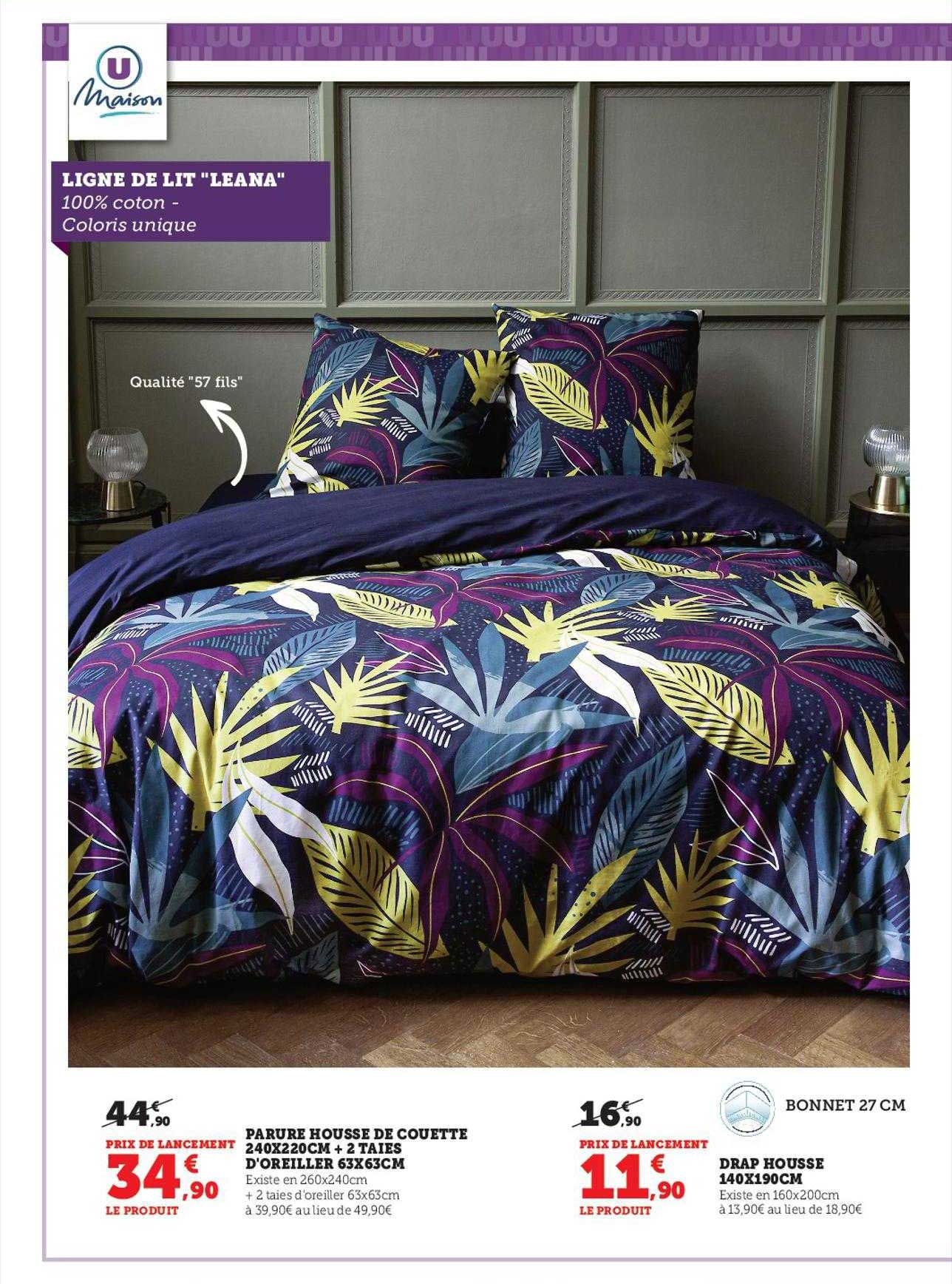 parure housse de couette 240 x 220 cm + 2 taies d'oreiller 63 x 63 cm u maison, drap housse 140 x 190 cm u maison