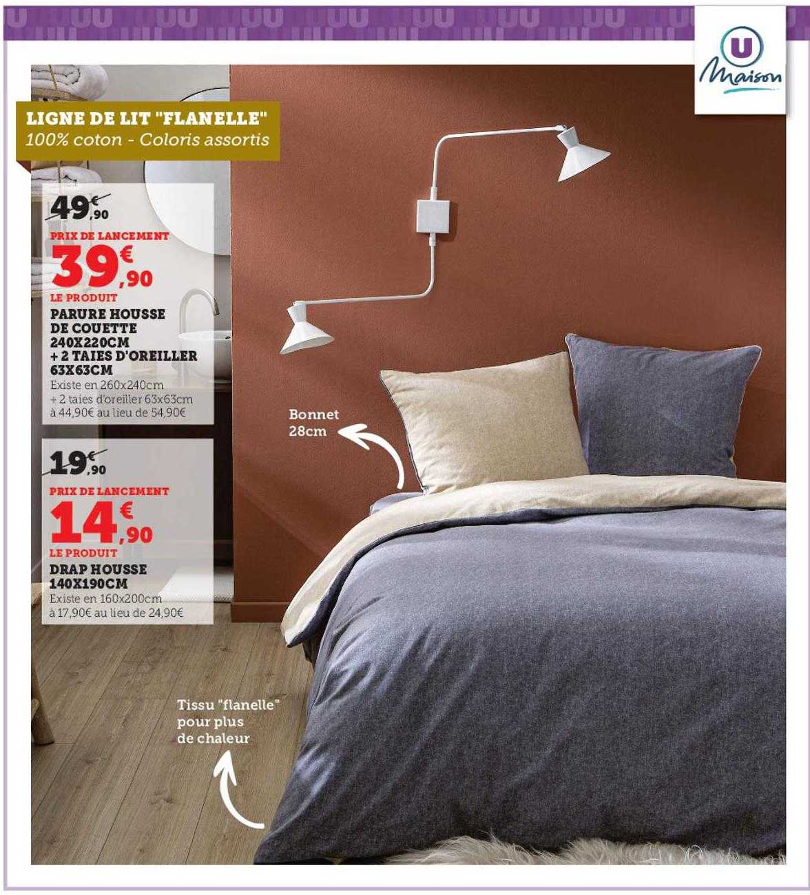 parure housse de couette 240 x 220 cm + 2 taies d'oreiller 63 x 63 cm u maison, drap housse 140 x 190 cm u maison