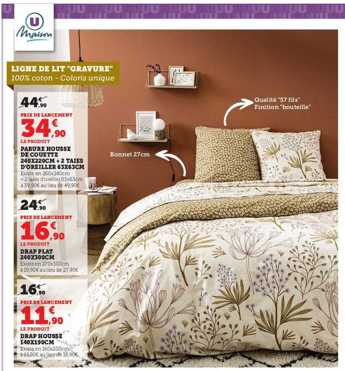 parure housse de couette 240 x 220 cm + 2 taies d'oreiller 63 x 63 cm u maison, drap plat 240 x 300 cm u maison, drap housse 140 x 190 cm u maison