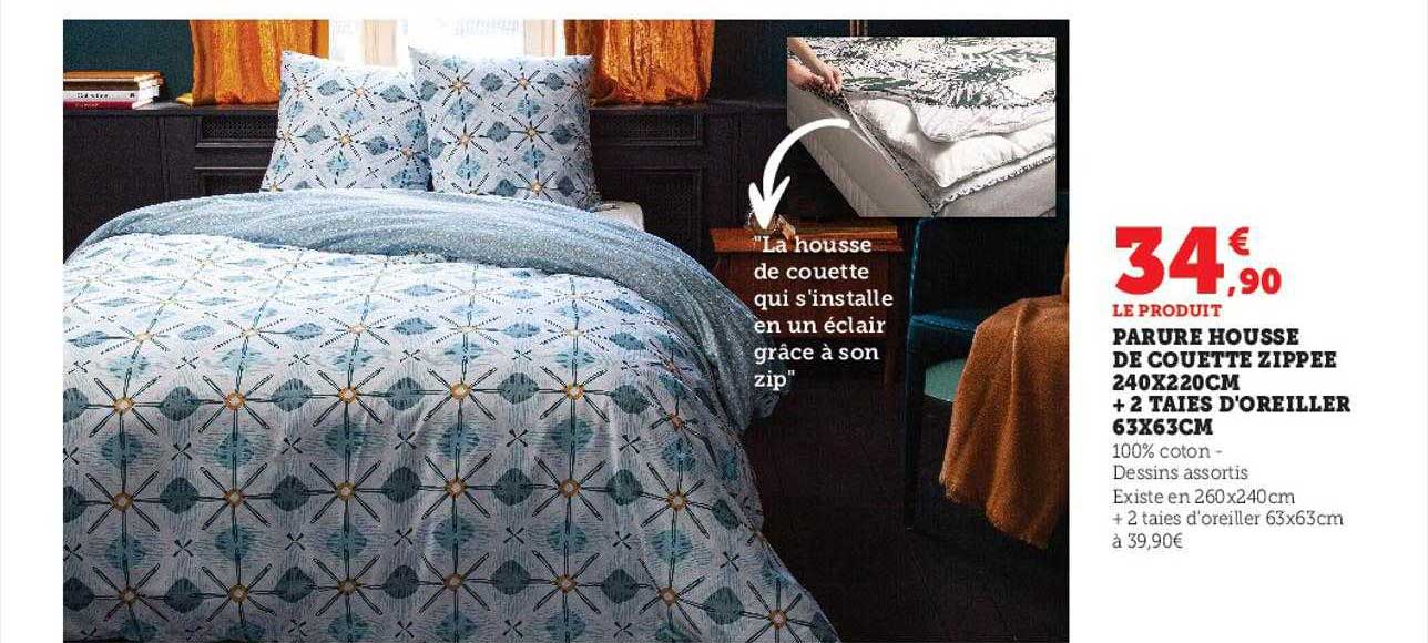 parure housse de couette zippée 240 x 220 cm + 2 taies d'oreiller 63 x 63 cm