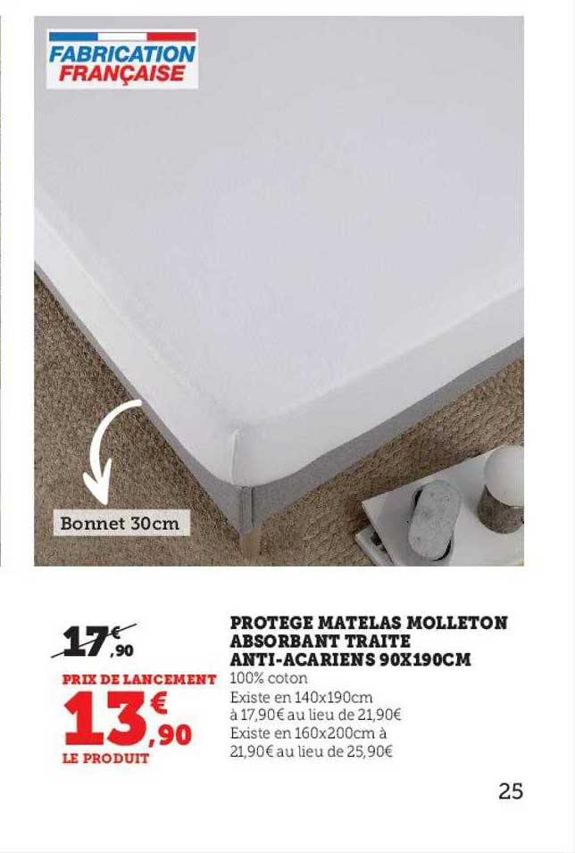 protège matelas molleton absorbant traité anti-acariens 90 x 190 cm