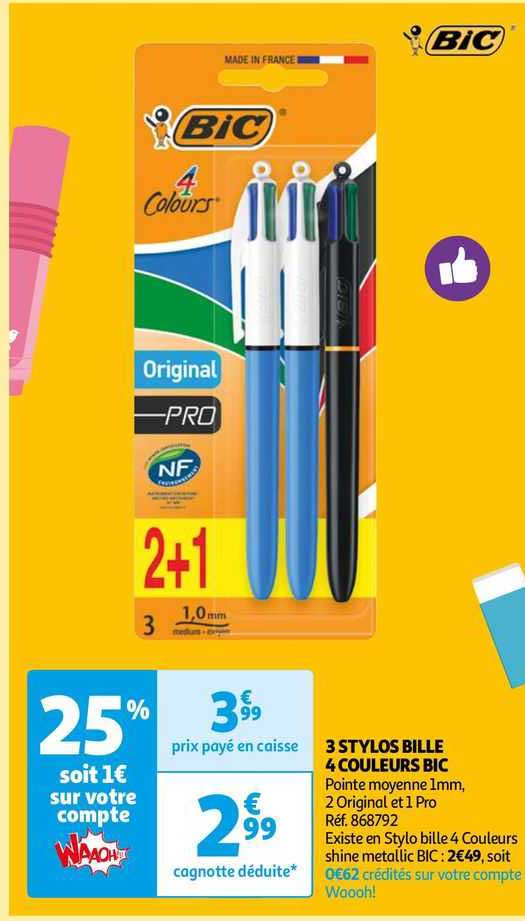 3 Stylos Bille 4 Couleurs Bic