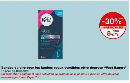bandes de cire pour les jambes peaux sensible offre douceur "veet expert"
