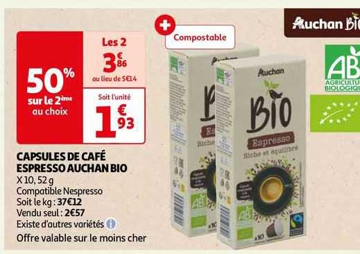 Capsules De Café Espresso Auchan Bio