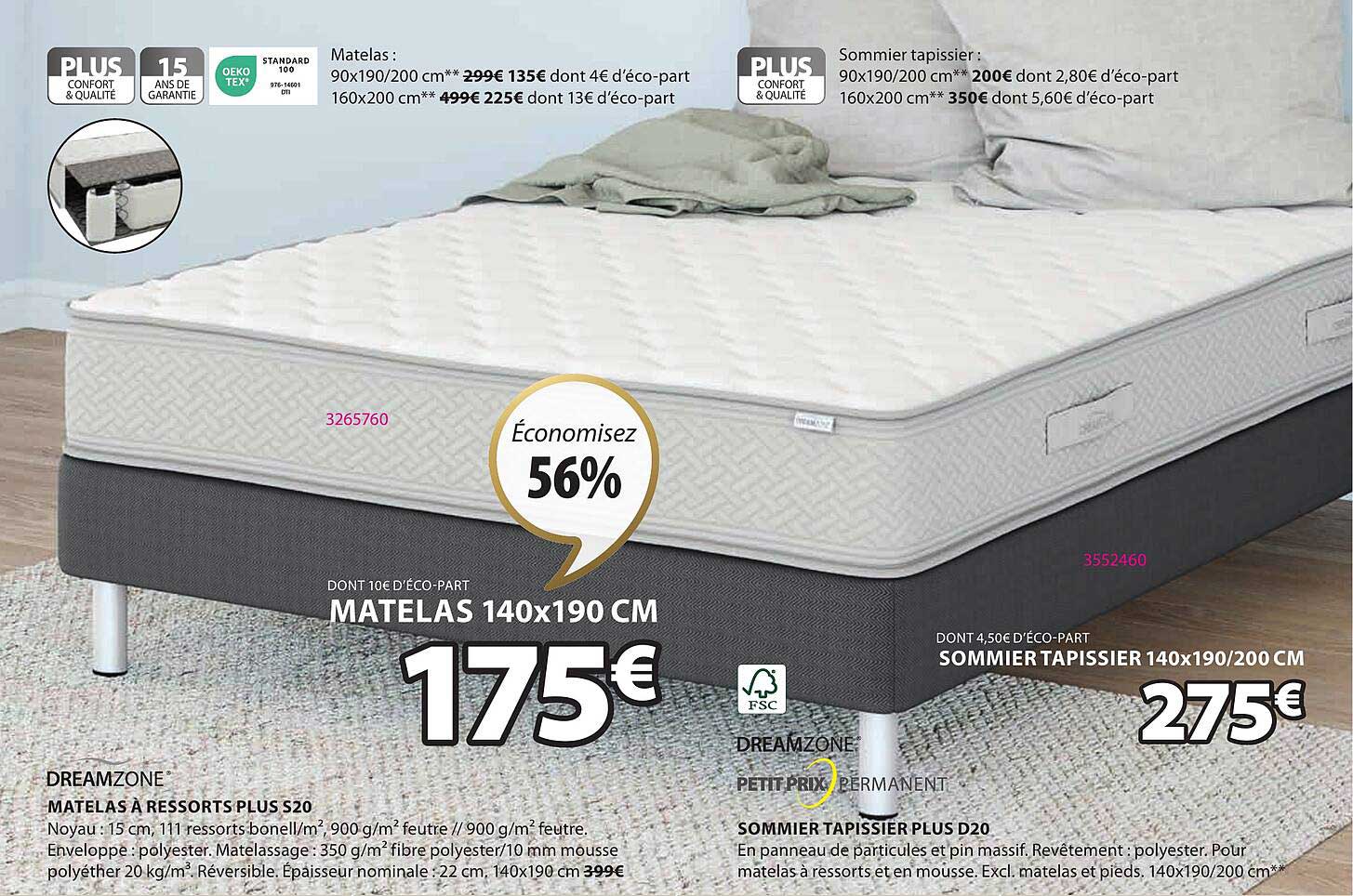 dreamzone matelas à ressorts plus s20 sommier tapissier plus d20