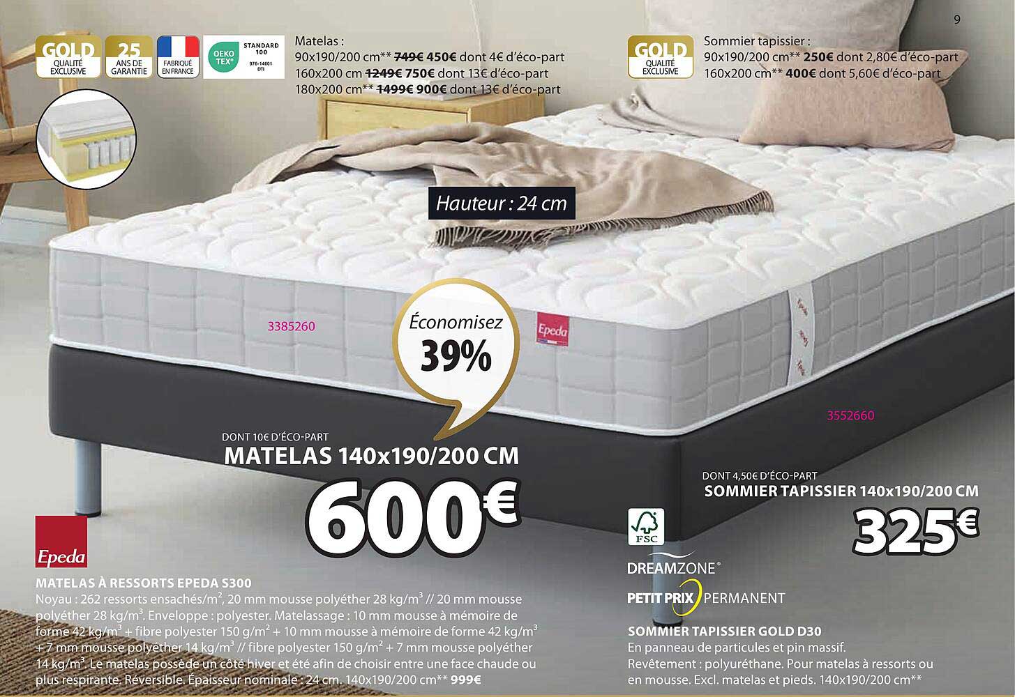 epeda matelas à ressorts epeda s300 sommier tapissier gold d30